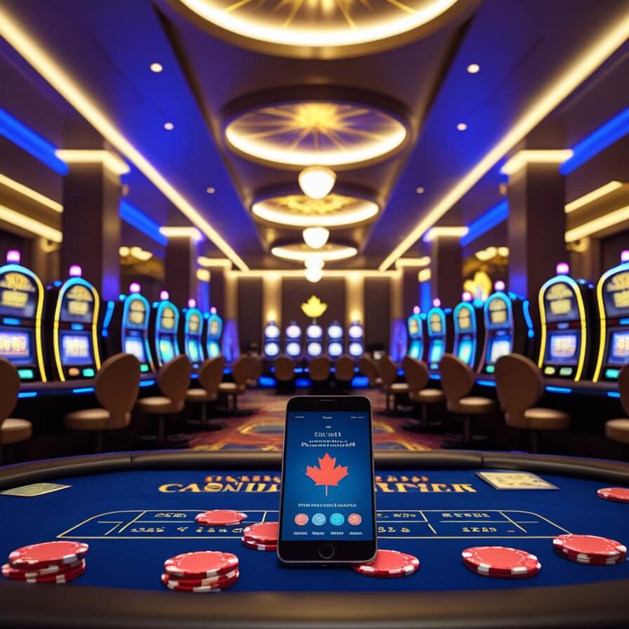 panoramic view of a modern casino lobby with smartphones and chips wyns online casino Canada